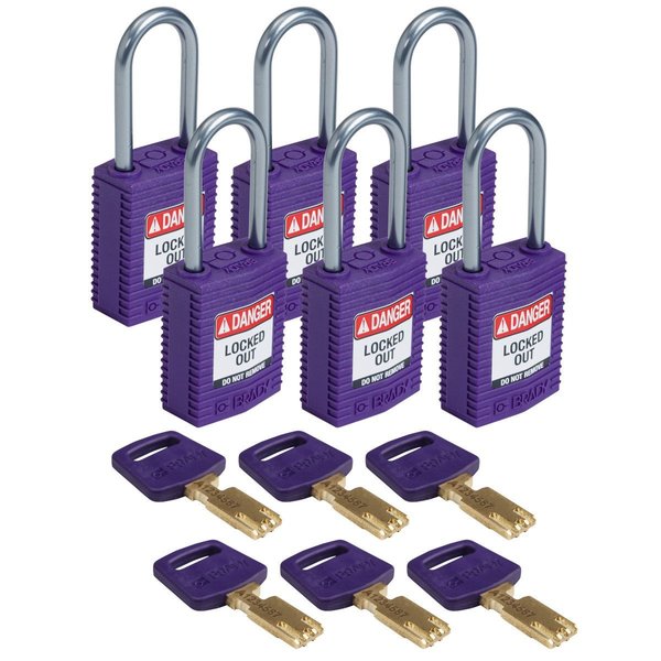 Brady Compact SafeKey Key Retaining Nylon Padlock 1.5in Aluminum Shackle KD Purple 6PK CPT-PRP-38AL-KD6PK